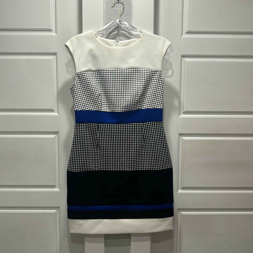 Semi formal white, blue & black dress